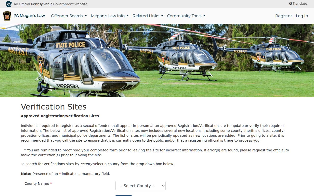 Susquehanna County sex offender registry verification site finder