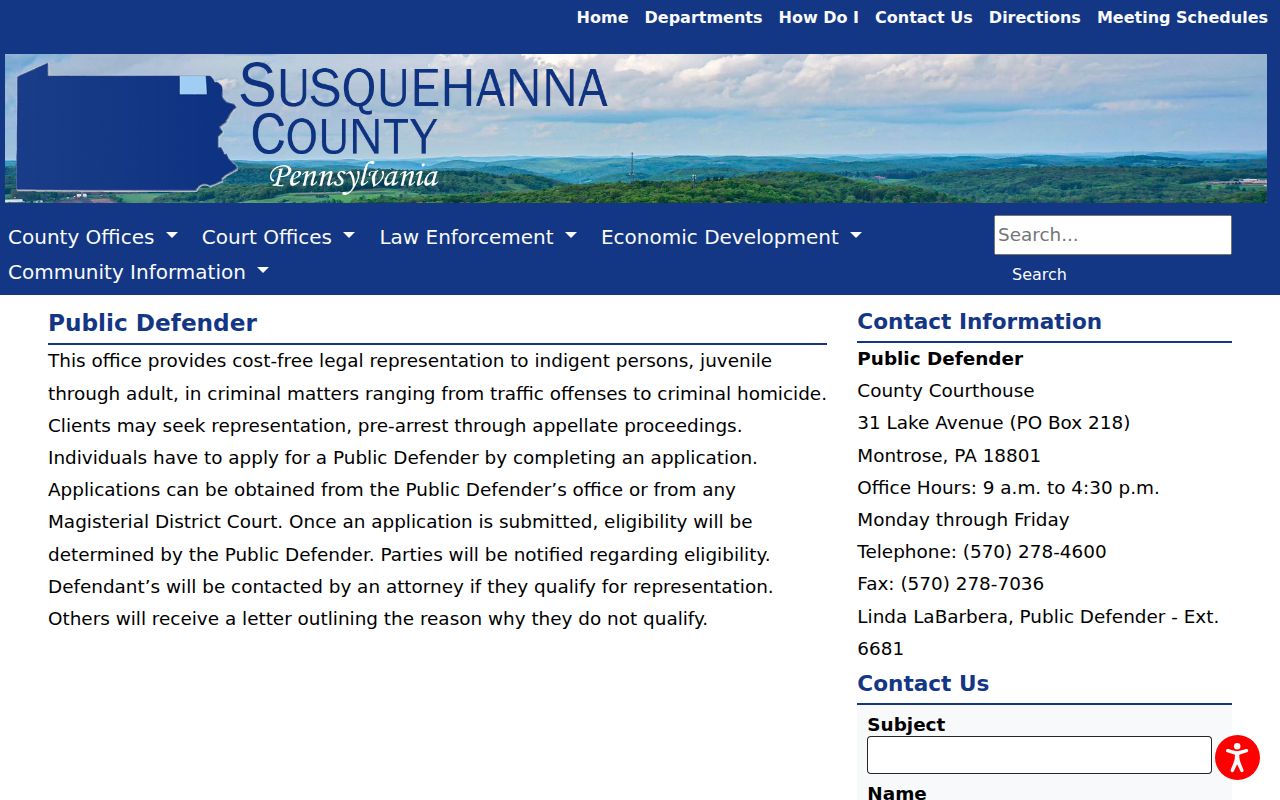 Susquehanna Depot criminal case contact through the Susquehanna County Public Defender