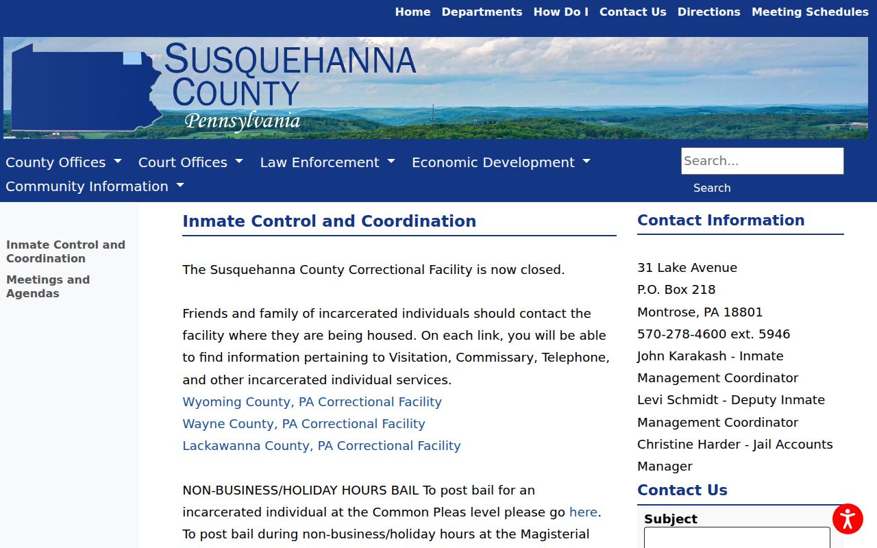 Susquehanna County closed jail and receiving facility routing notice