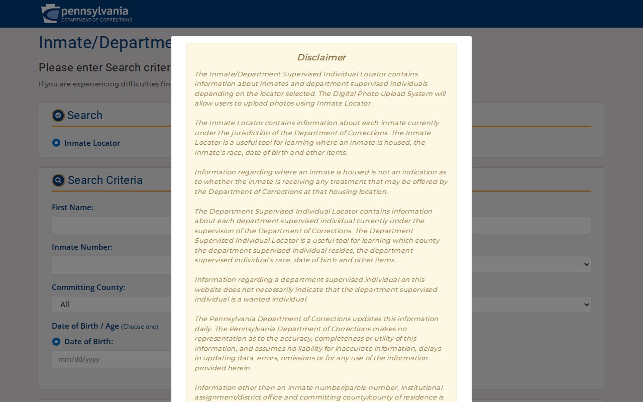 Pennsylvania inmate and parolee locator search form