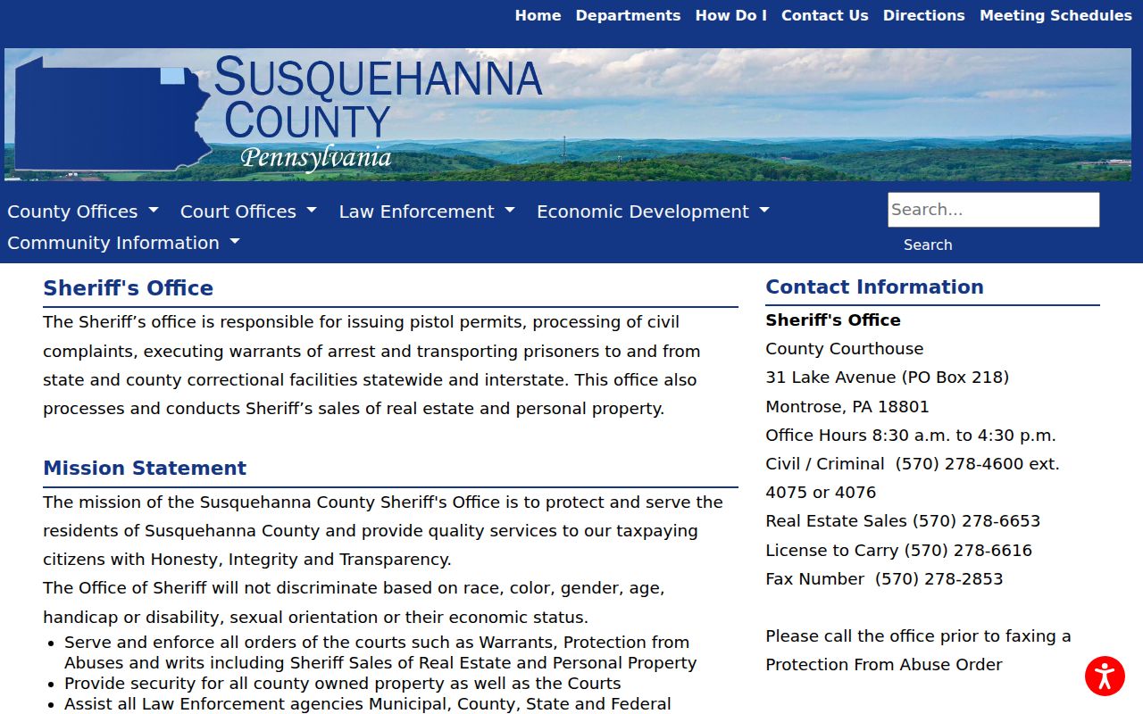 Susquehanna County Sheriff warrant and courthouse contact information