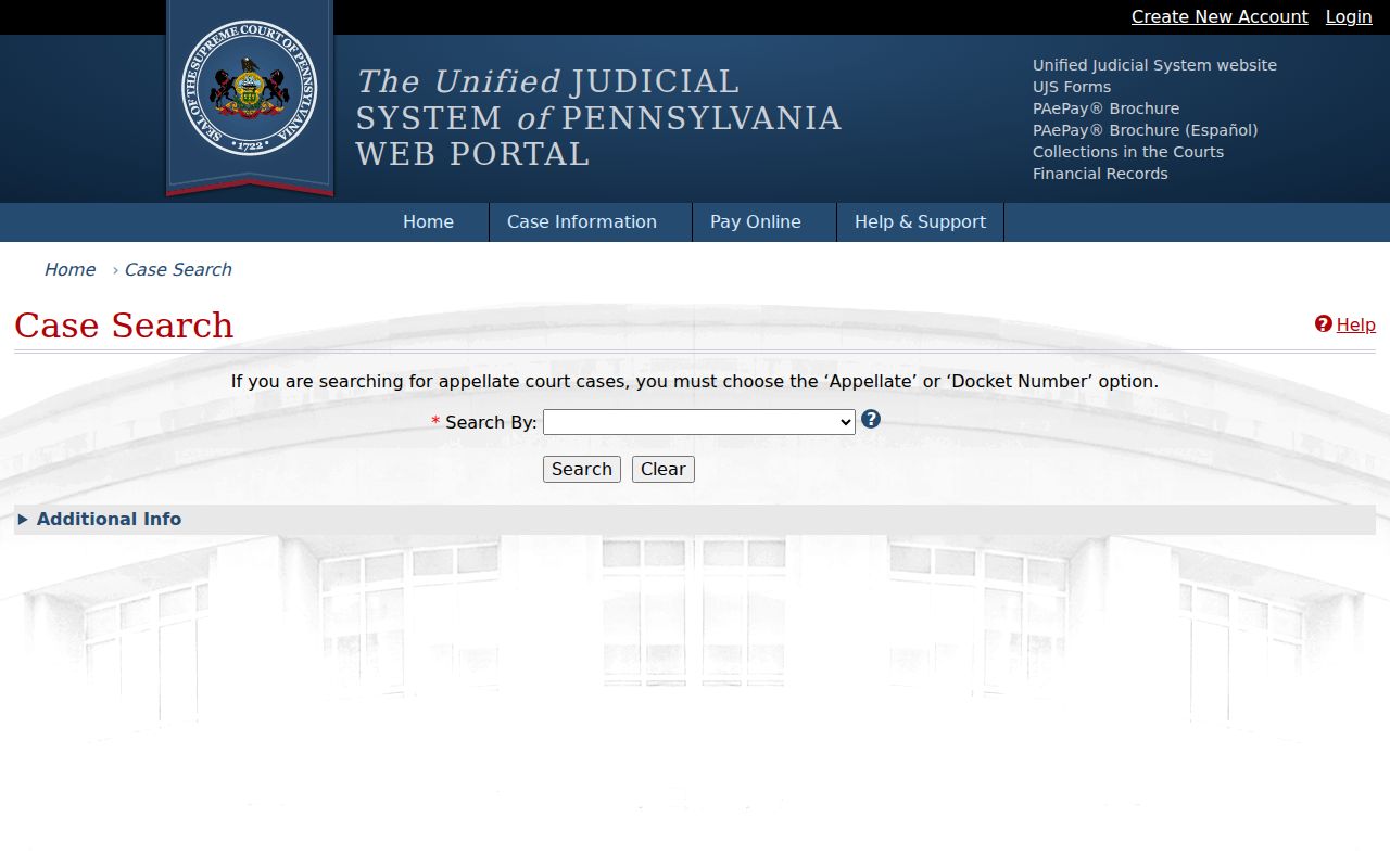 Unified Judicial System Pennsylvania case search fields